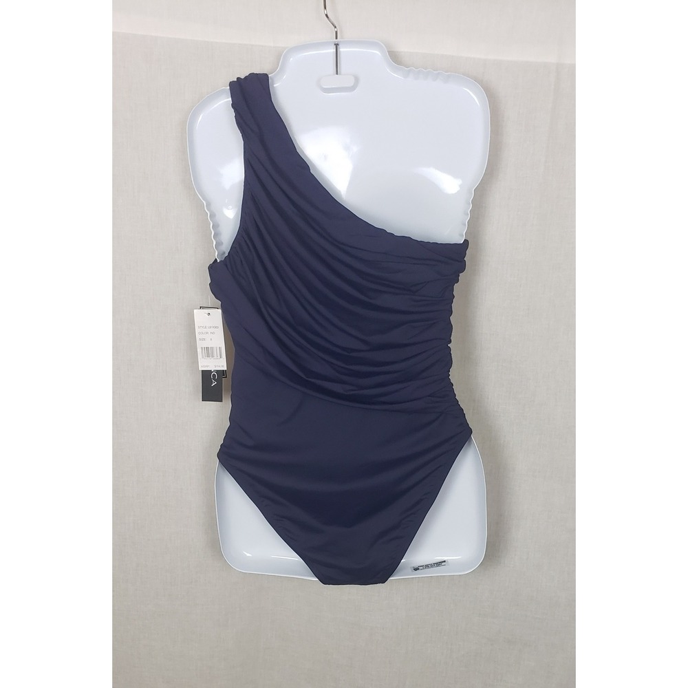 La Blanca One Shoulder Tummy Control Ruched One Piece Swimsuit Navy Blue 8 Sexy - Picture 3 of 8